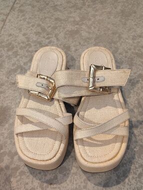 SCHUTZ Cream Woven Slide Sandals with Gold Buckles
